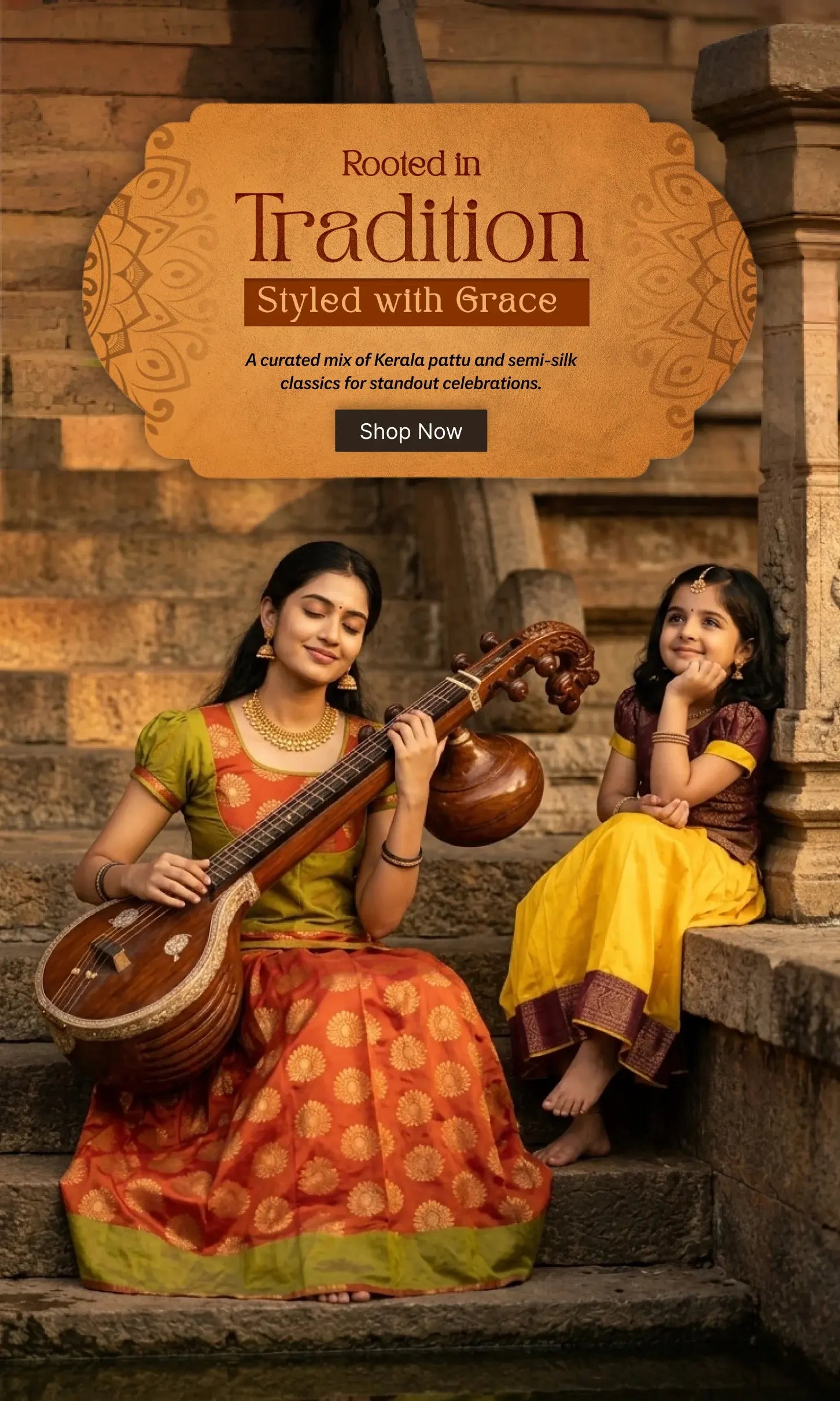 Two women in traditional attire playing a stringed instrument on stone steps with a promotional banner above.