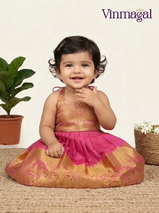 baby pink golden silk frock for kids elegant festive party wear dress