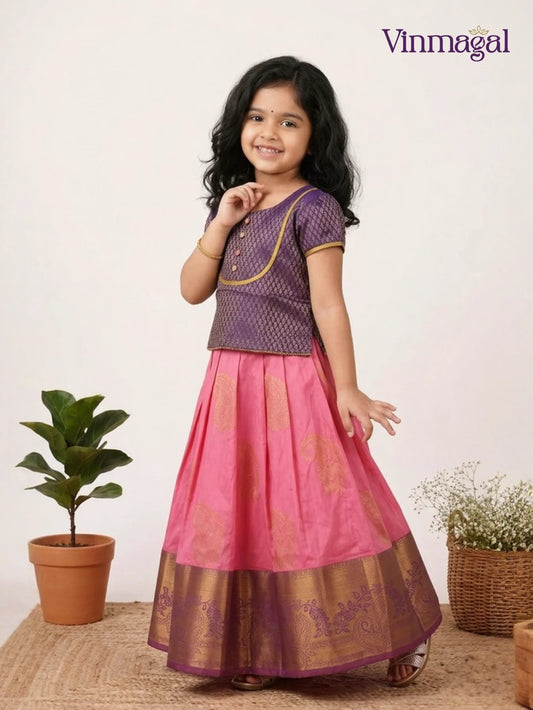 baby pink violet silk cotton pavadai sattai for girls mango zari work festive wear