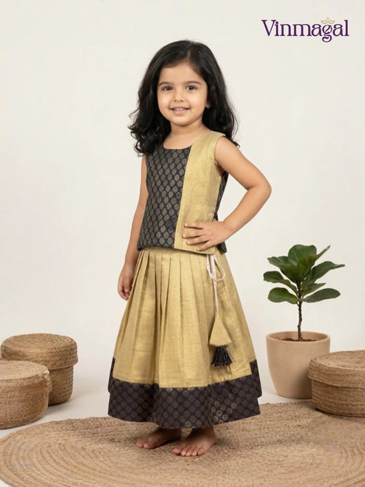 black golden tissue silk langa for kids sleeveless bow design pavadai skirt set for girls