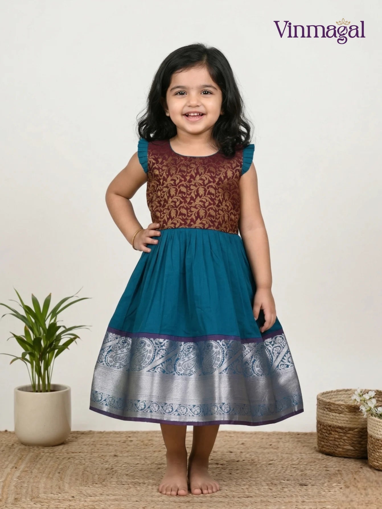 blue magenta silk frock for girls kids party wear dress