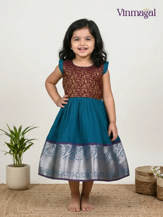 blue magenta silk frock for girls kids party wear dress