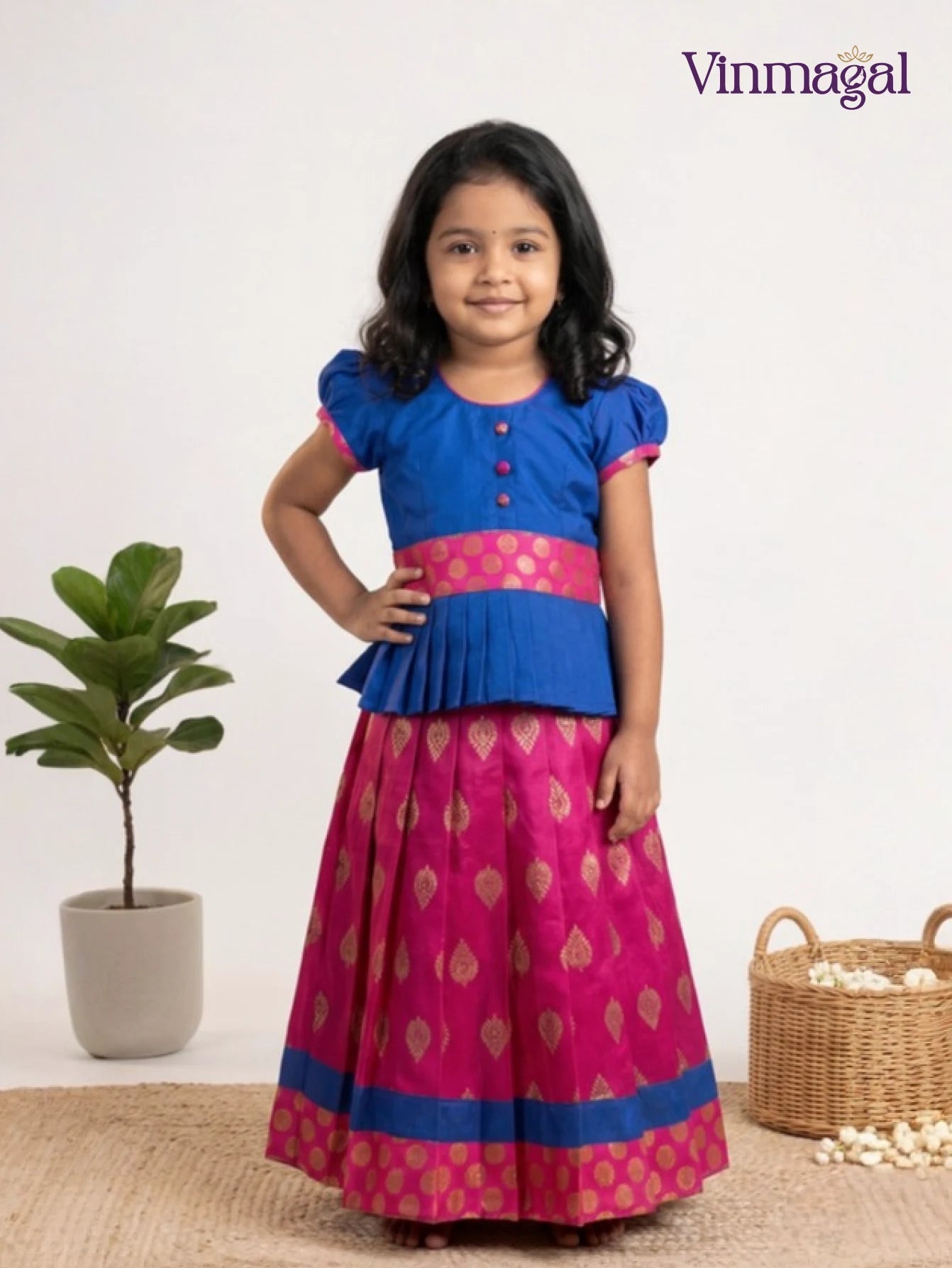 blue pink cotton pattu pavadai for kids with brocade border traditional skirt blouse set