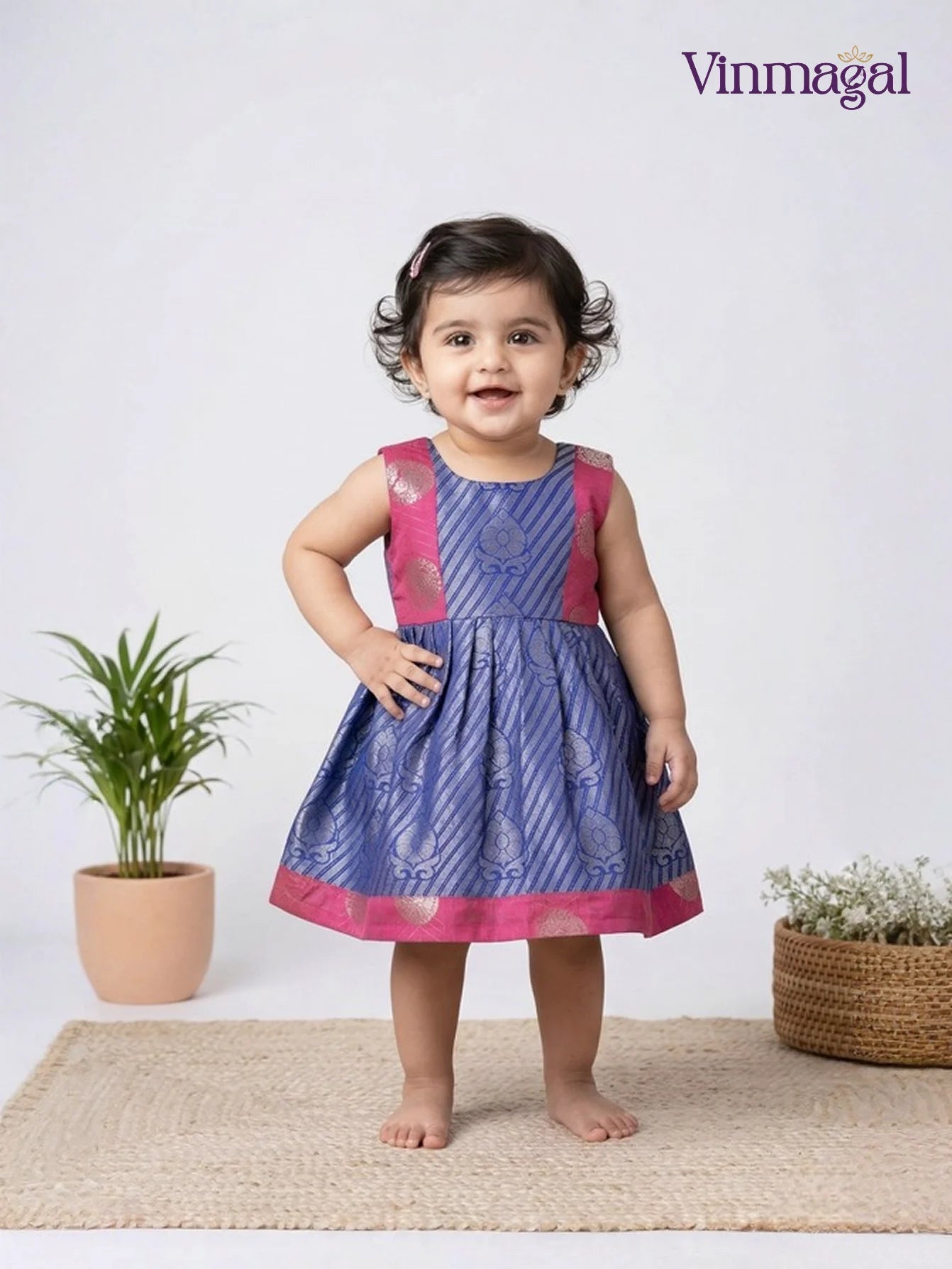 blue pink striped silk frock for girls kids party wear