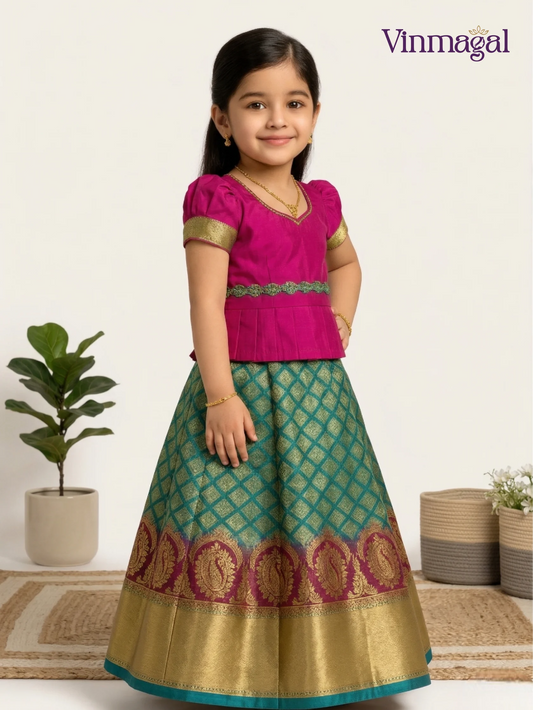 Blue and pink semi Kanchi pattu pavadai for girls – traditional Kanchipuram-inspired festive ethnic dress for kids with classic border detailing
