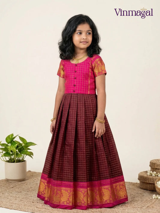 brown pink checked cotton long gown for girls kids dress comfortable cotton gown