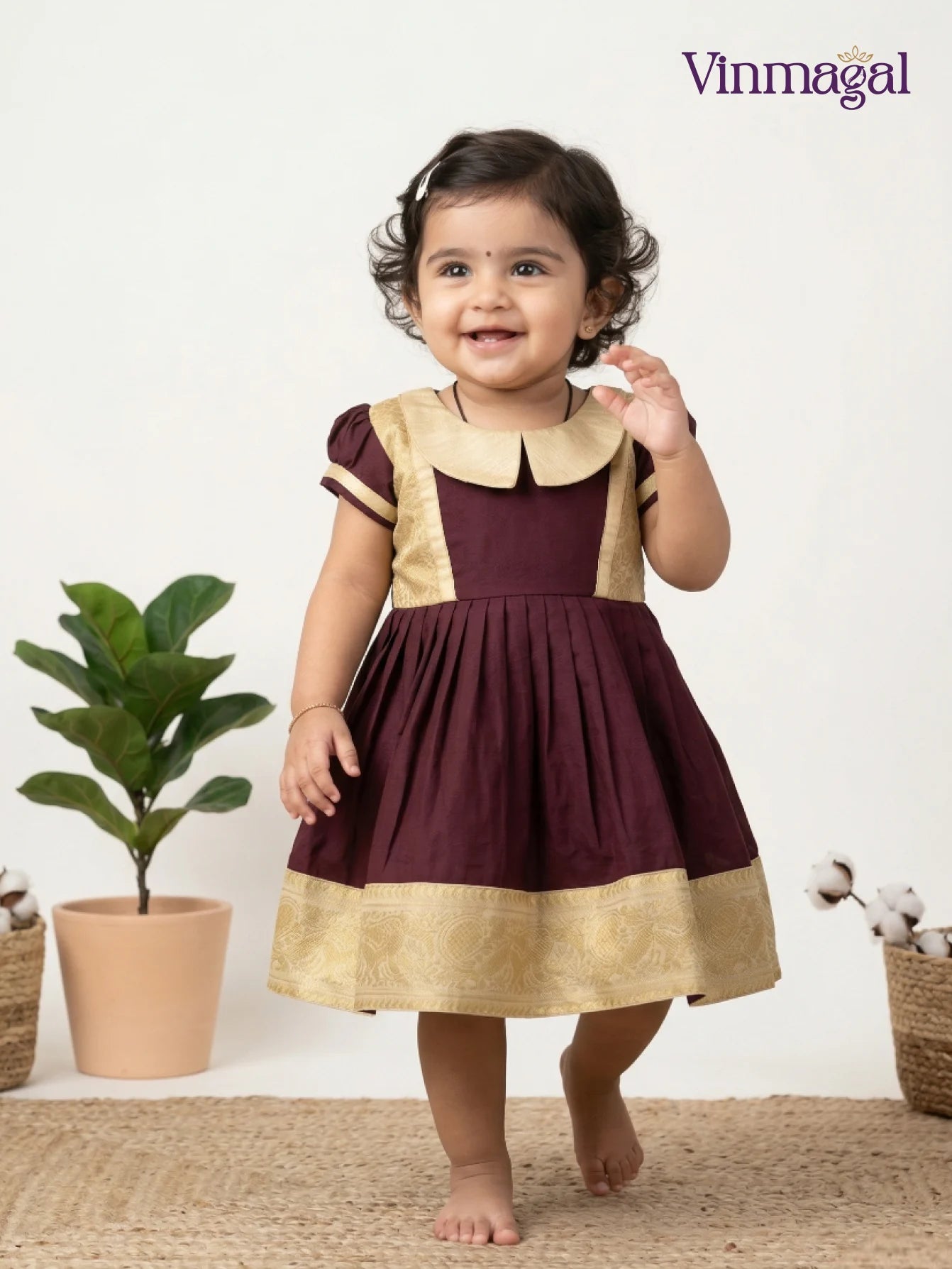 brown sandal silk frock for girls kids party wear dress