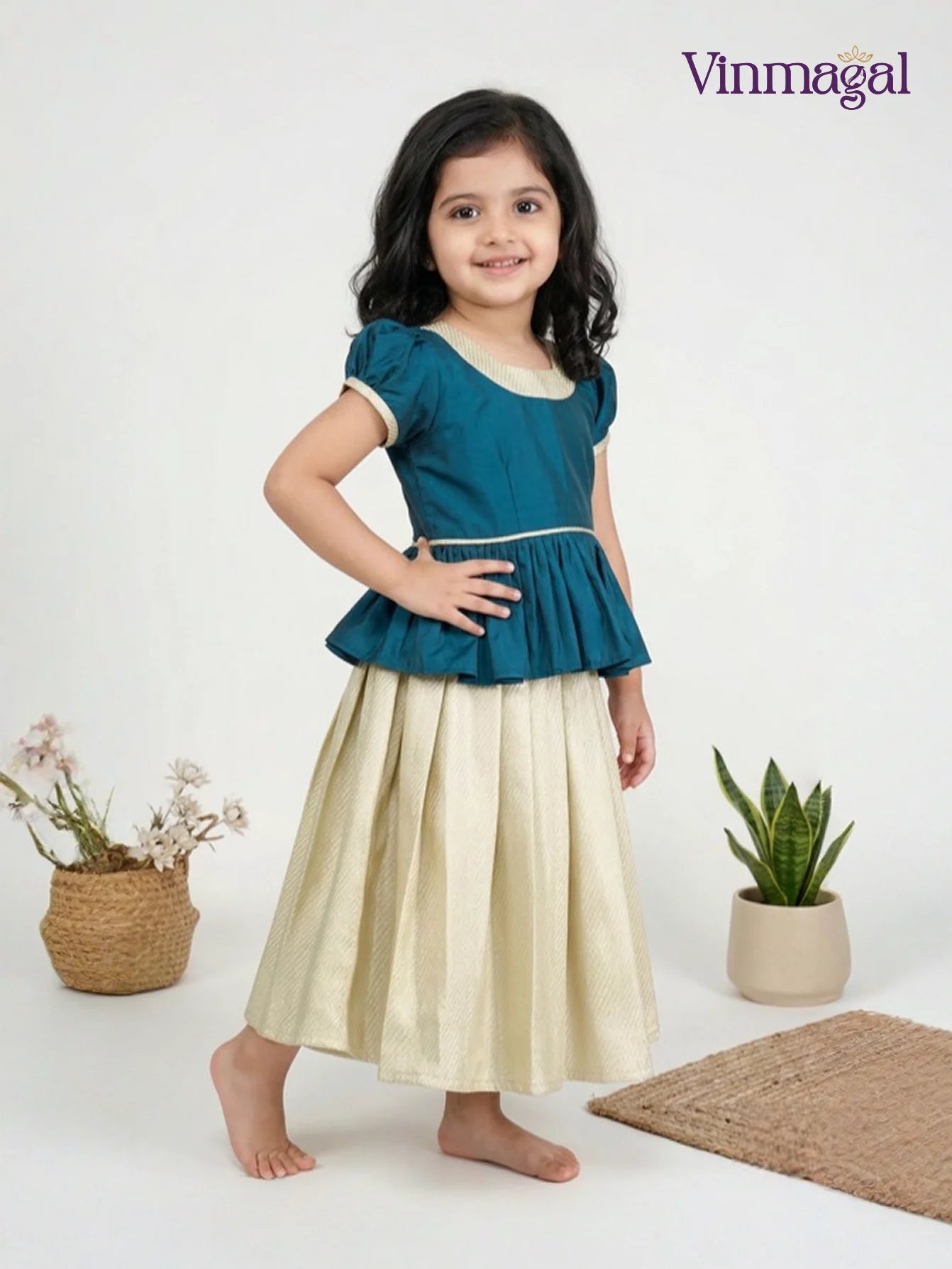 cream peacock blue silk cotton pavadai set for kids traditional festive outfit for girls