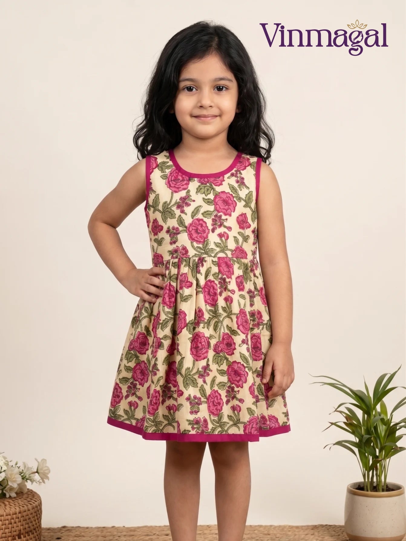 cream pink cotton frock for girls casual wear