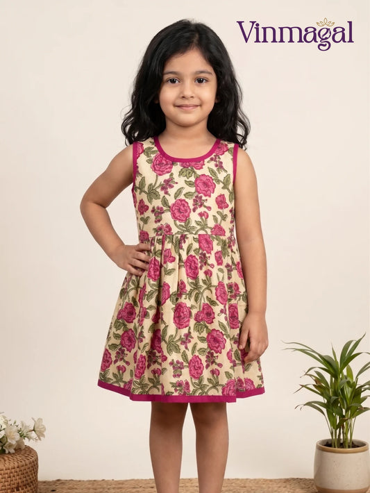 cream pink cotton frock for girls casual wear
