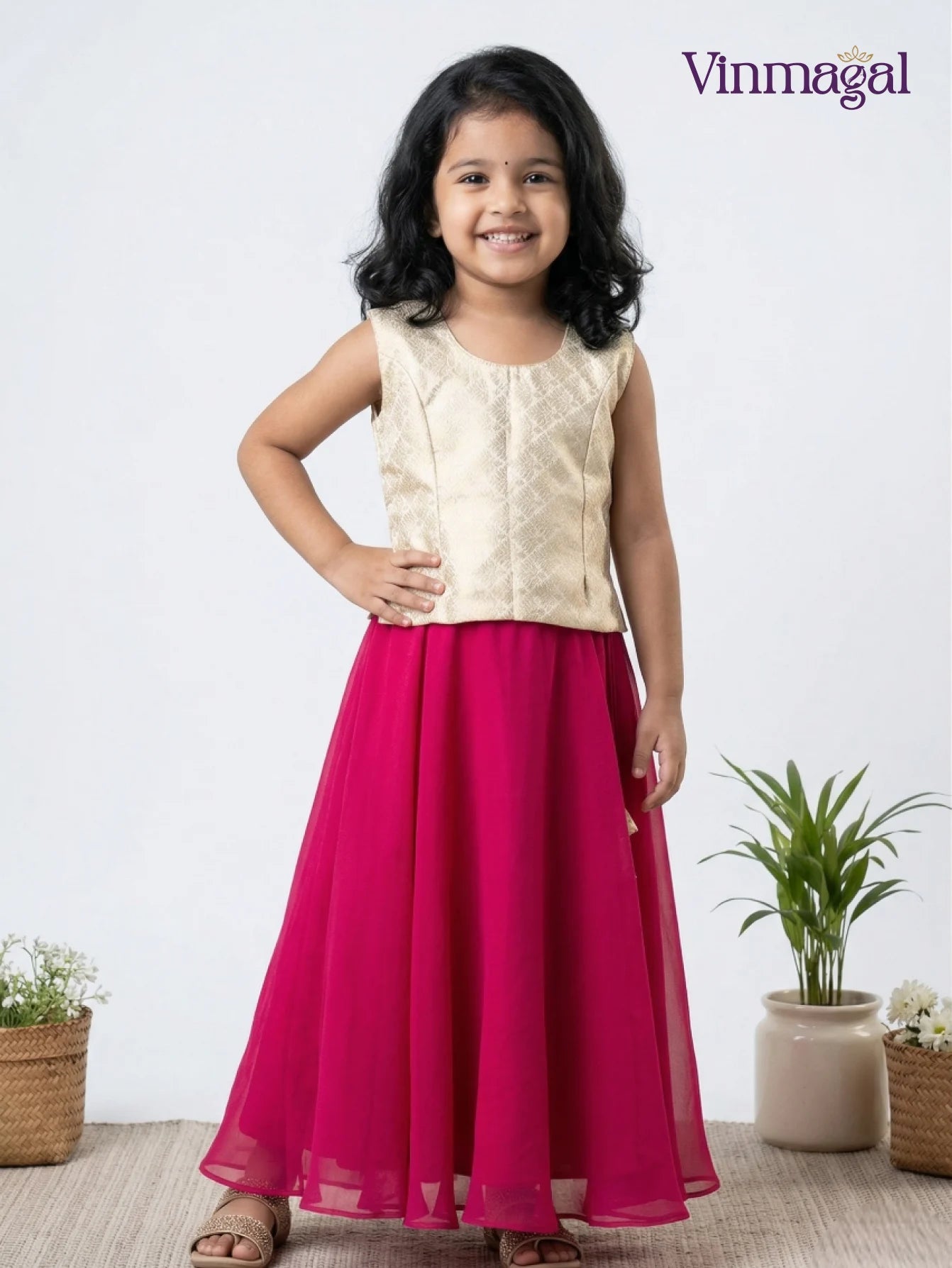 Cream Pink Fancy Langa for Kids Traditional Festive Skirt Set