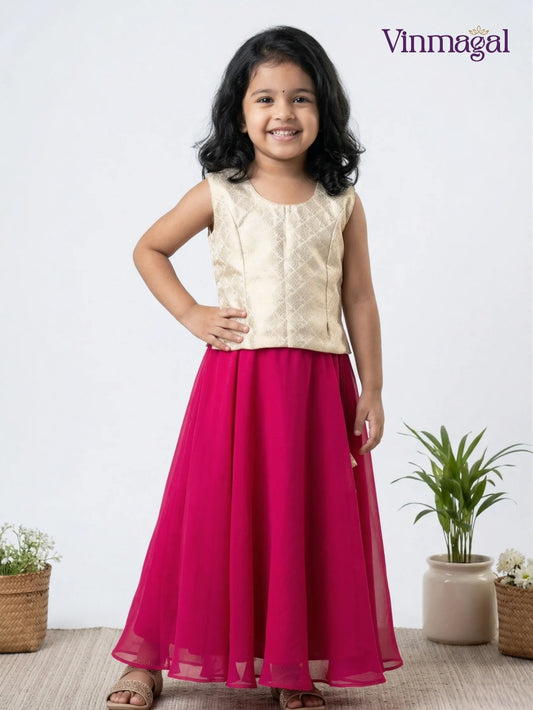 Cream Pink Fancy Langa for Kids Traditional Festive Skirt Set
