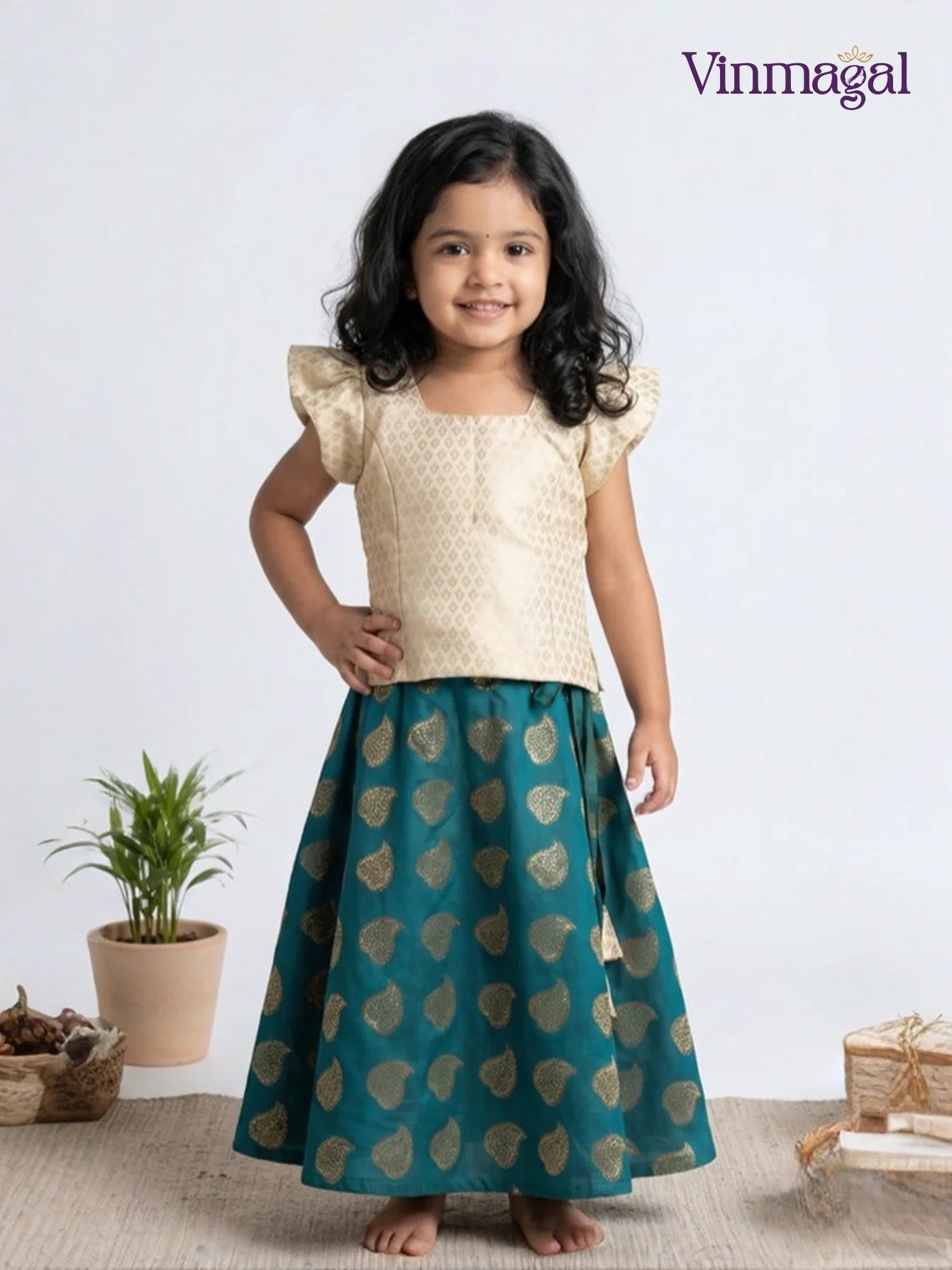 cream rama green fancy langa for kids skirt blouse set traditional outfit