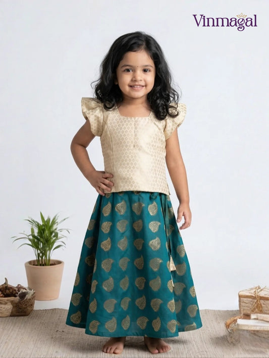 cream rama green fancy langa for kids skirt blouse set traditional outfit