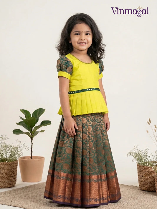 Dark green and yellow semi silk pattu pavadai for girls – traditional South Indian heritage ethnic festive dress for kids with classic border detailing