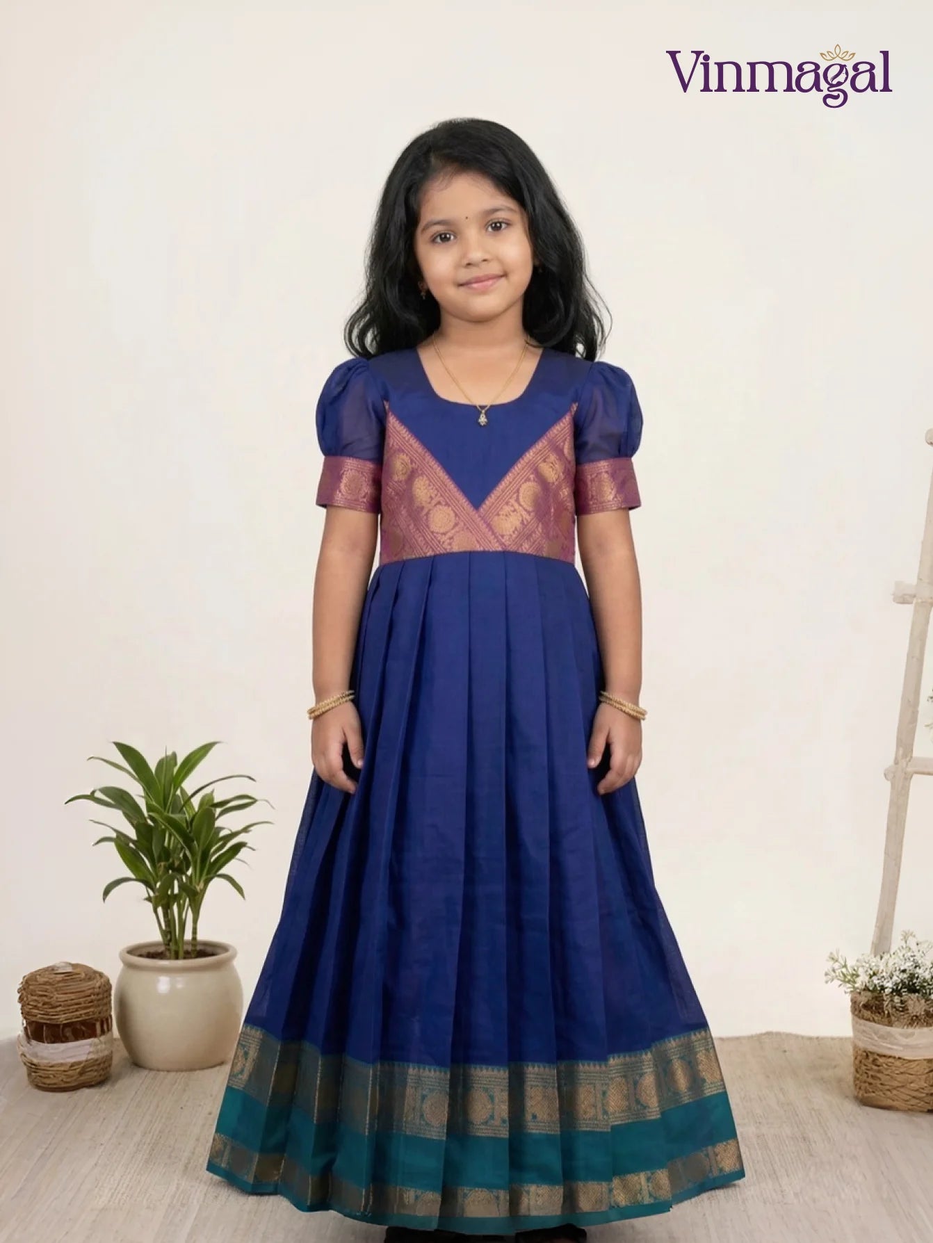 deep blue pink cotton long gown for girls traditional style kids dress