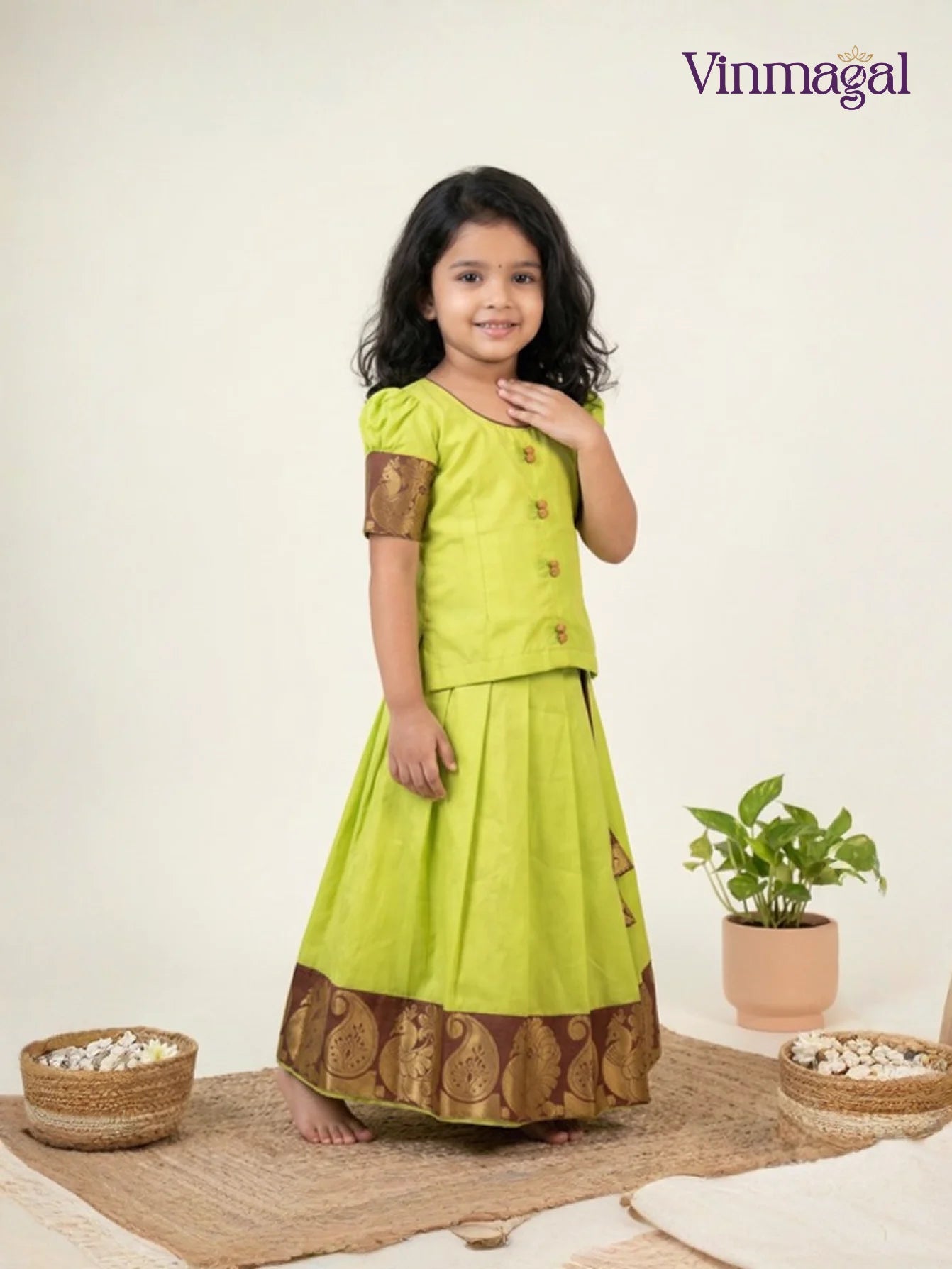 fluorescent green cotton pavadai for kids traditional skirt top set for girls
