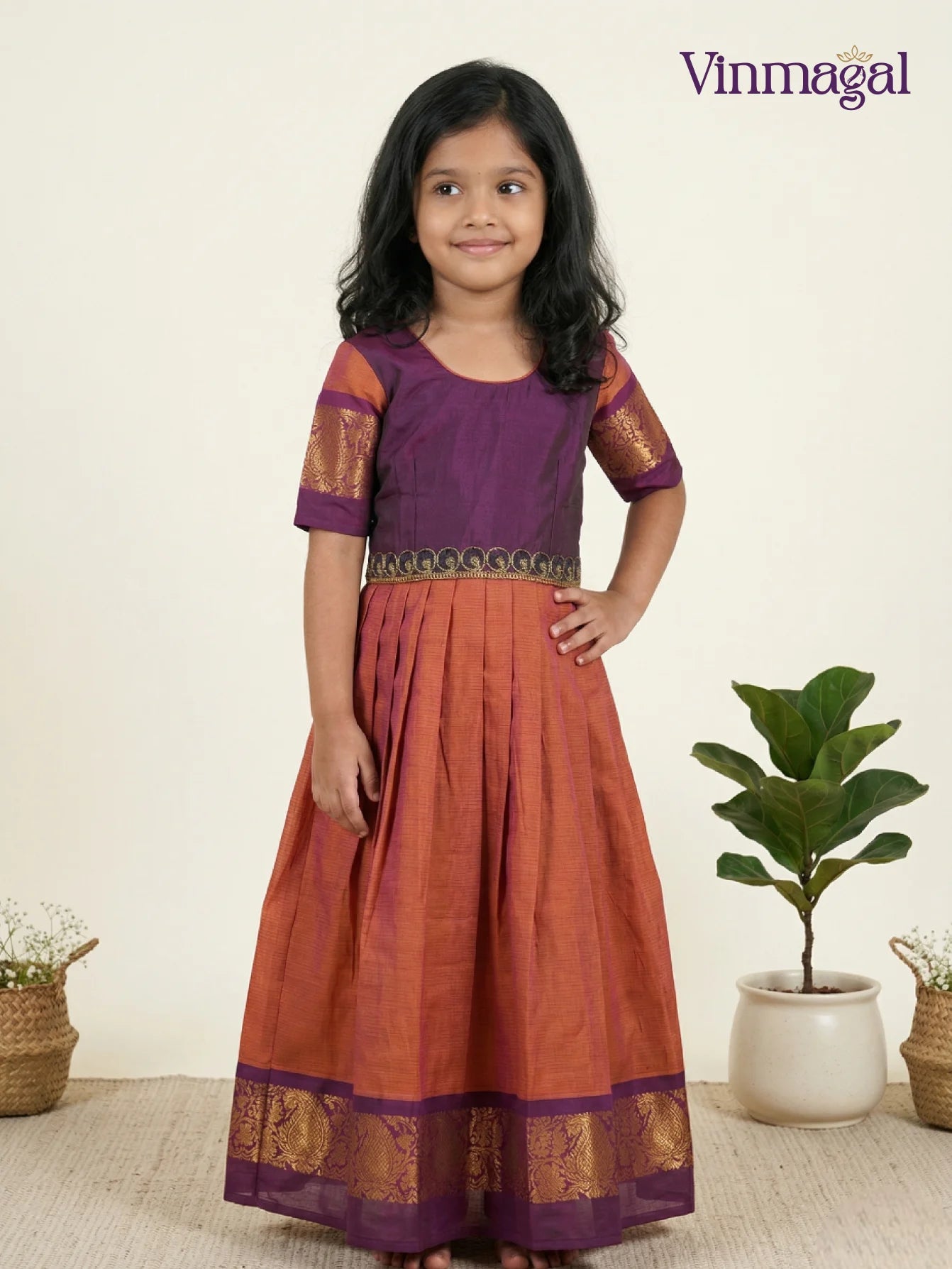 Orange & Magenta Chettinad Cotton Long Gown – Traditional Ethnic Kids Wear