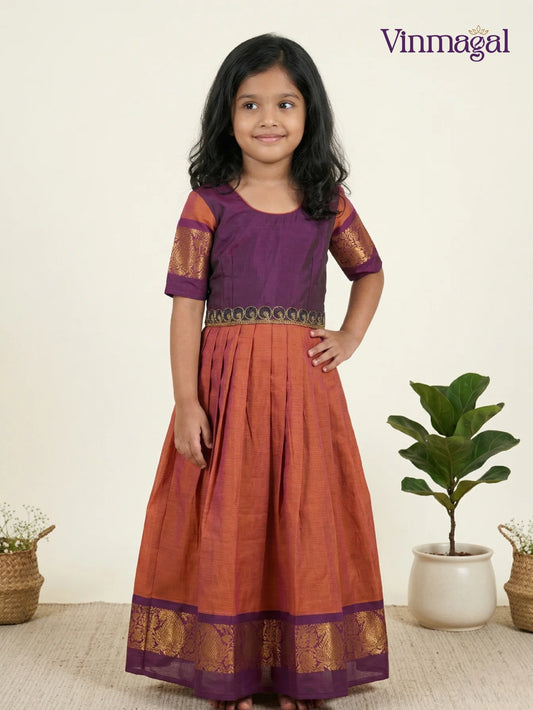 Orange & Magenta Chettinad Cotton Long Gown – Traditional Ethnic Kids Wear