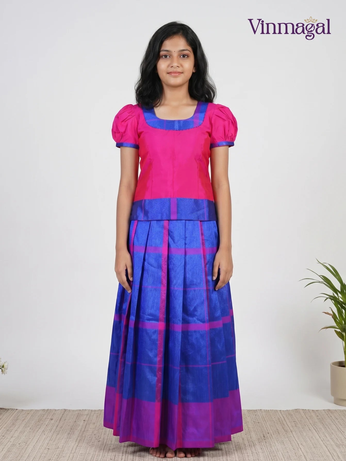 Vibrant Rani Pink & Checkered Blue Cotton Pavadai Collection Set