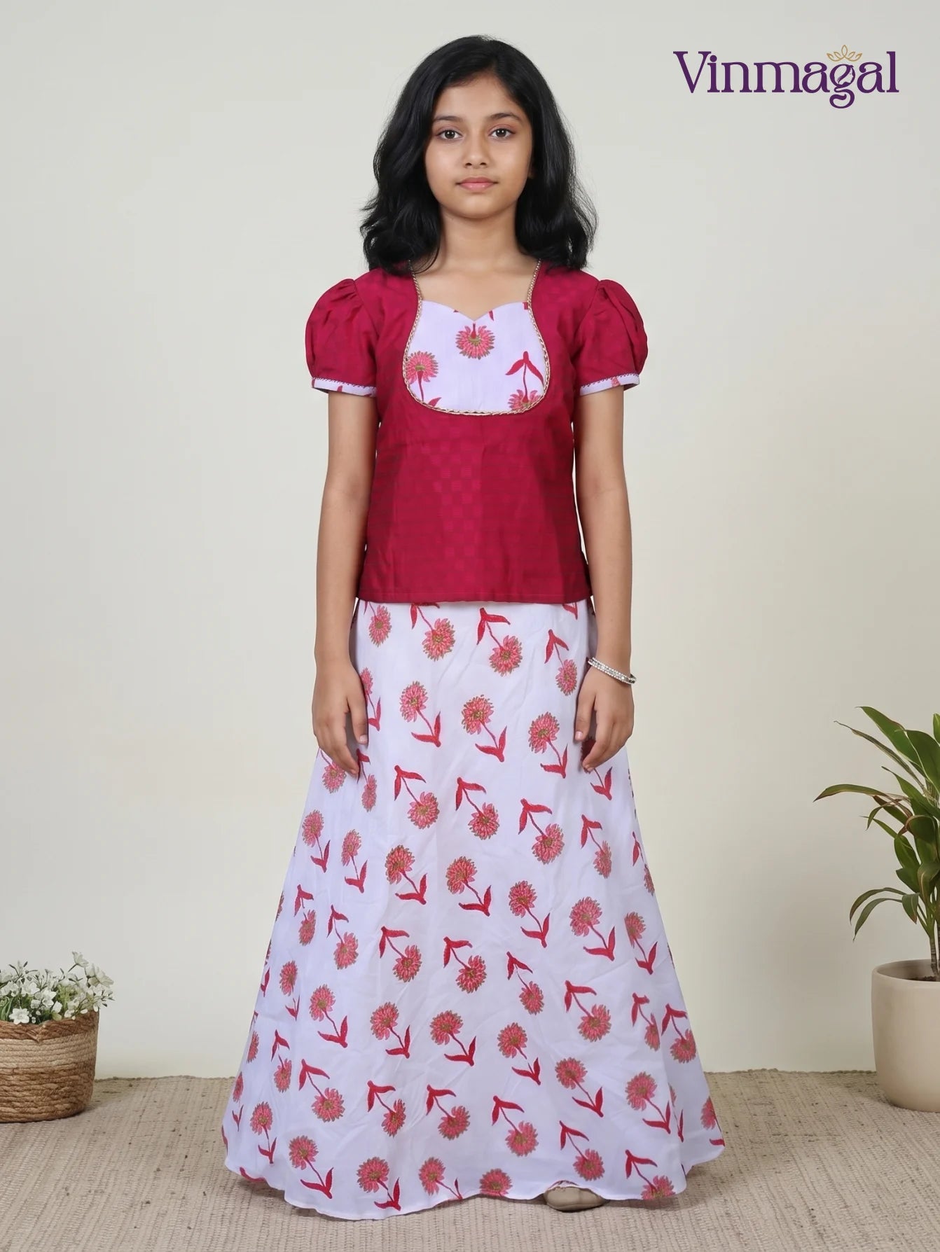 Puffed Sleeve Deep Maroon Sattai with Floral White Pavadai