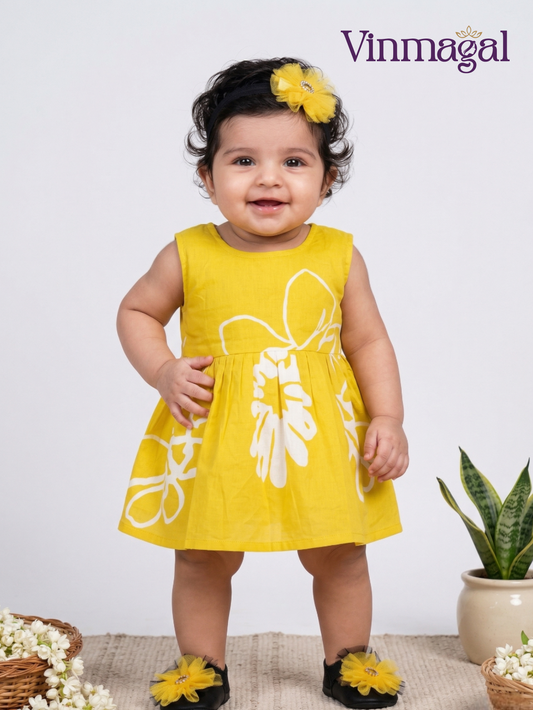 Bright Yellow Cotton Dress for Girls – Soft, Breathable Daily Wear & Festive Kids Frock