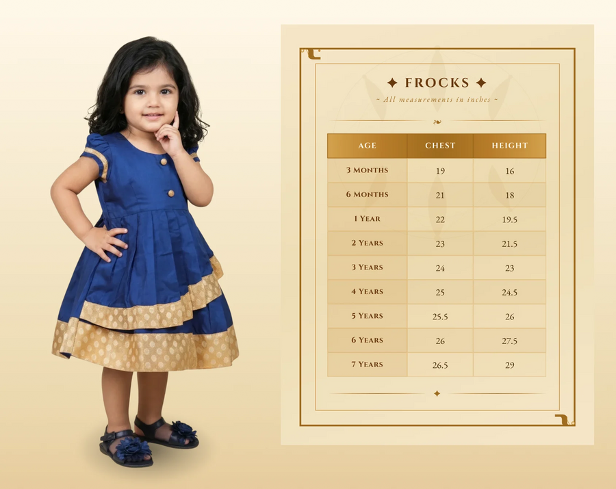 Child wearing a blue and gold dress with a size chart on a beige background