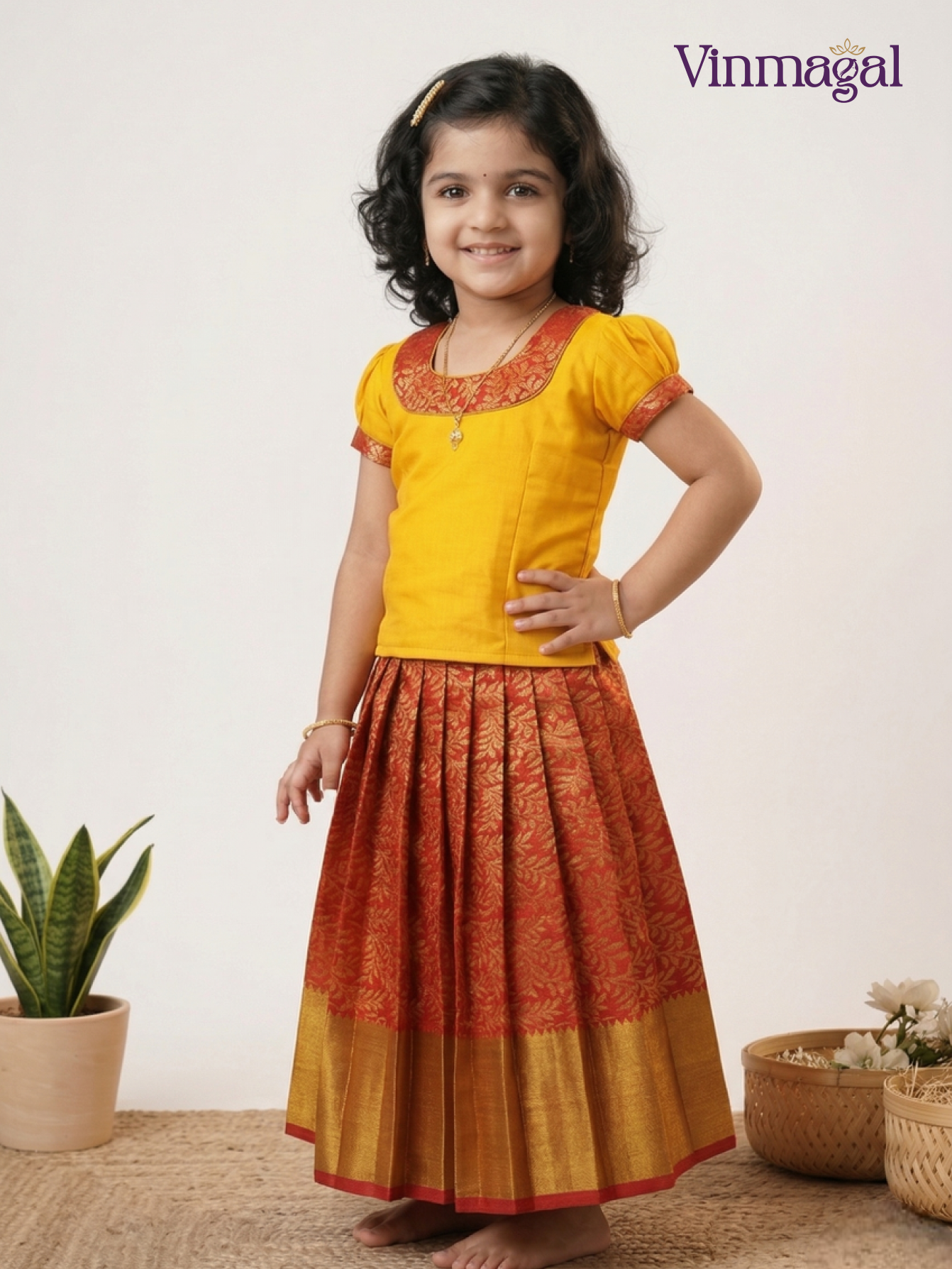 maroon yellow semi kanchipuram silk pavadai sattai for girls traditional festive ethnic outfit