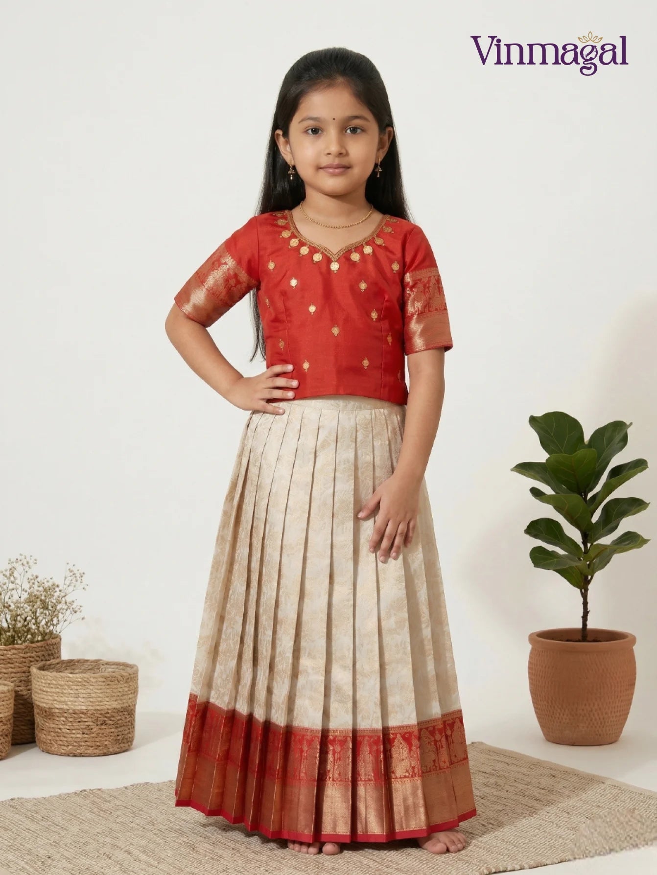 white and red pure silk pattu pavadai for girls, south indian traditional festive skirt set