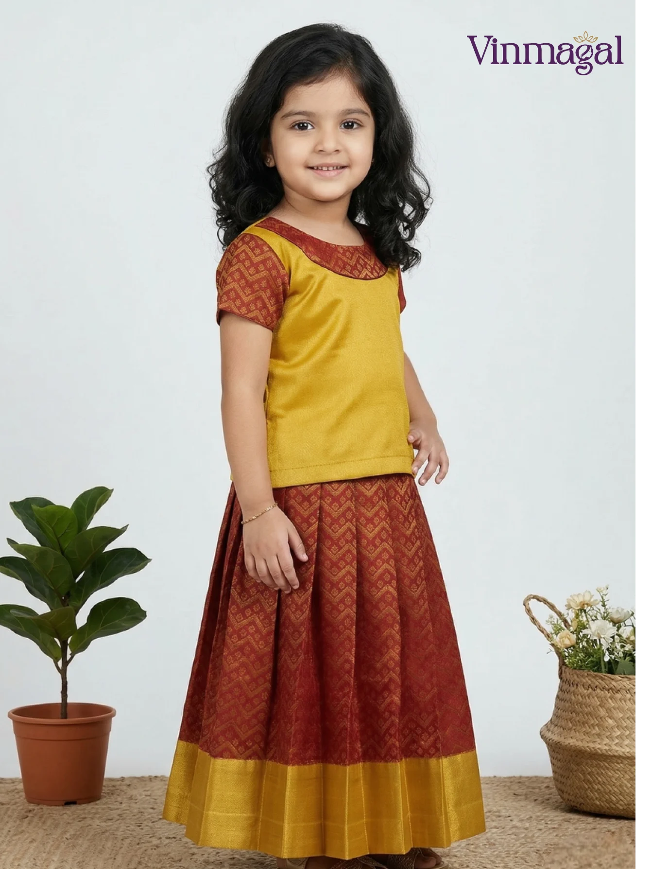 golden maroon brocade pavadai for kids festive skirt blouse set traditional wear