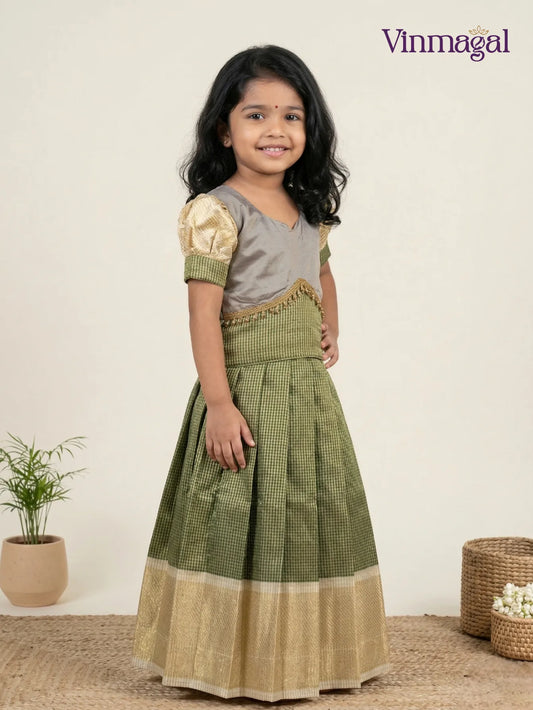 green grey tissue silk pavadai for girls festive skirt blouse set