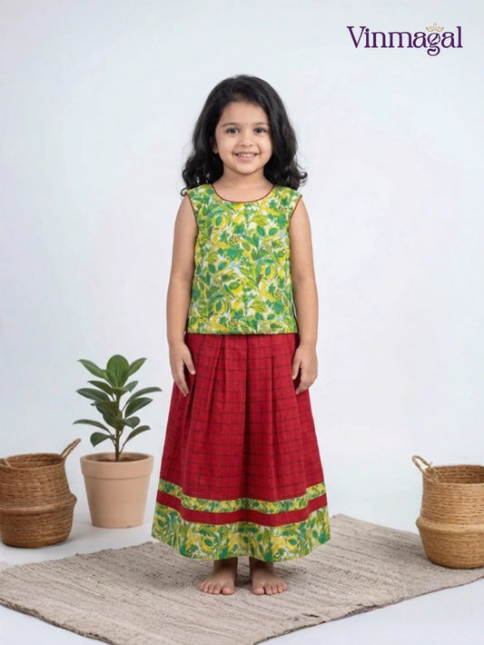 green orange checked cotton pavadai for kids skirt blouse set traditional wear