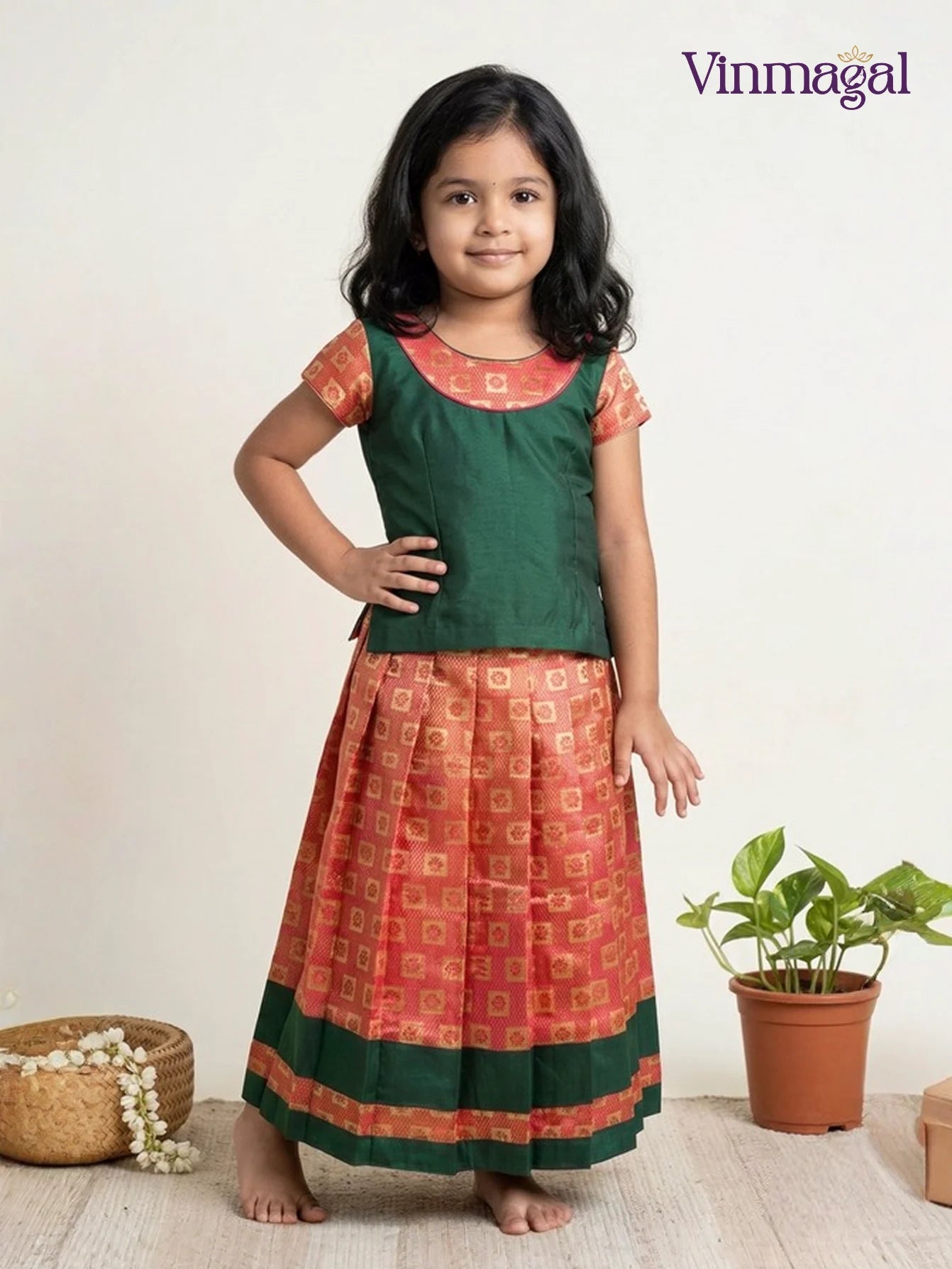 green orange kids pavadai set for girls brocade raw silk skirt puff sleeve top