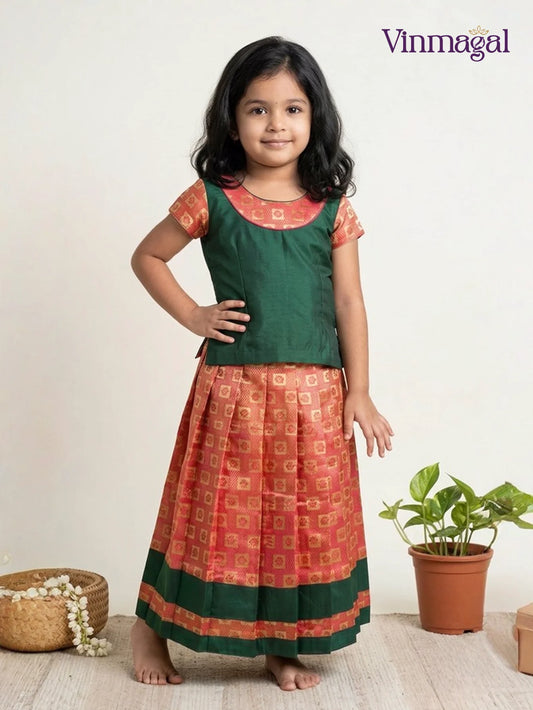green orange kids pavadai set for girls brocade raw silk skirt puff sleeve top
