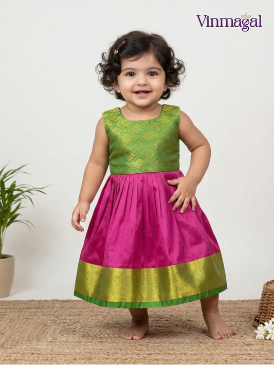 green pink silk frock for girls kids party wear dress