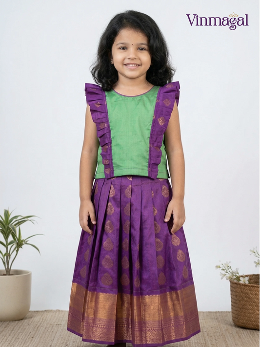 Green and purple silk pavadai for girls – traditional ethnic festive wear for kids
