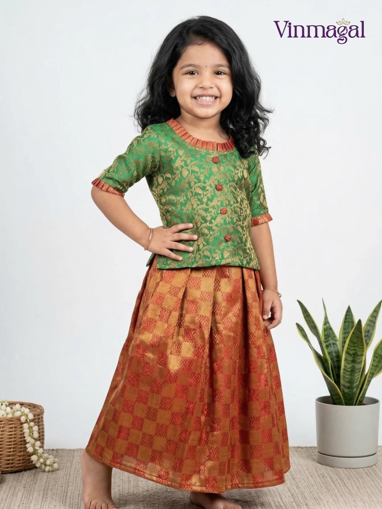 green red checked pleated langa for kids with chanderi top traditional pavadai set for girls