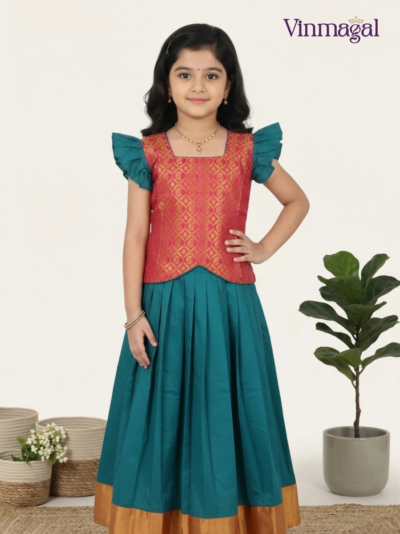 rama green pink soft silk pavadai for kids traditional pattu pavadai for girls festive wear