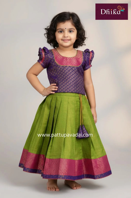 Kids Tissue Silk Pavadai Parrot Green and Violet