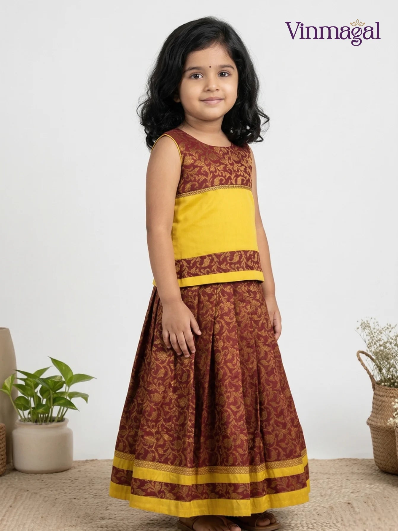 yellow maroon kids fancy langa cotton lined pavadai set for girls traditional outfit