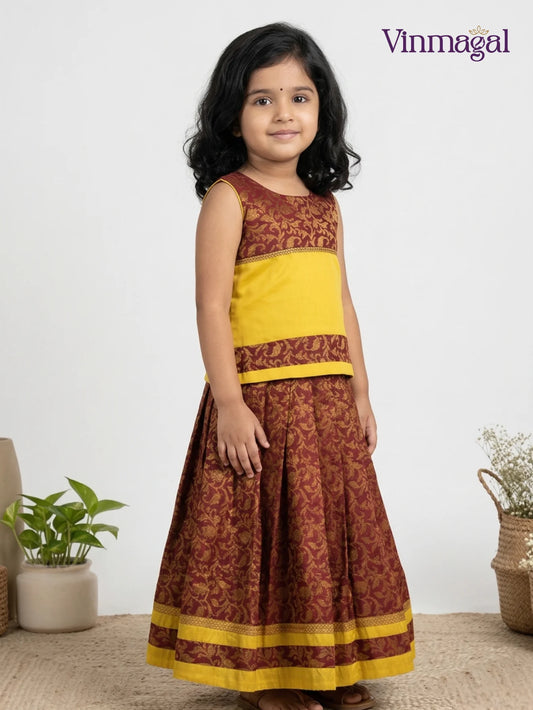 yellow maroon kids fancy langa cotton lined pavadai set for girls traditional outfit