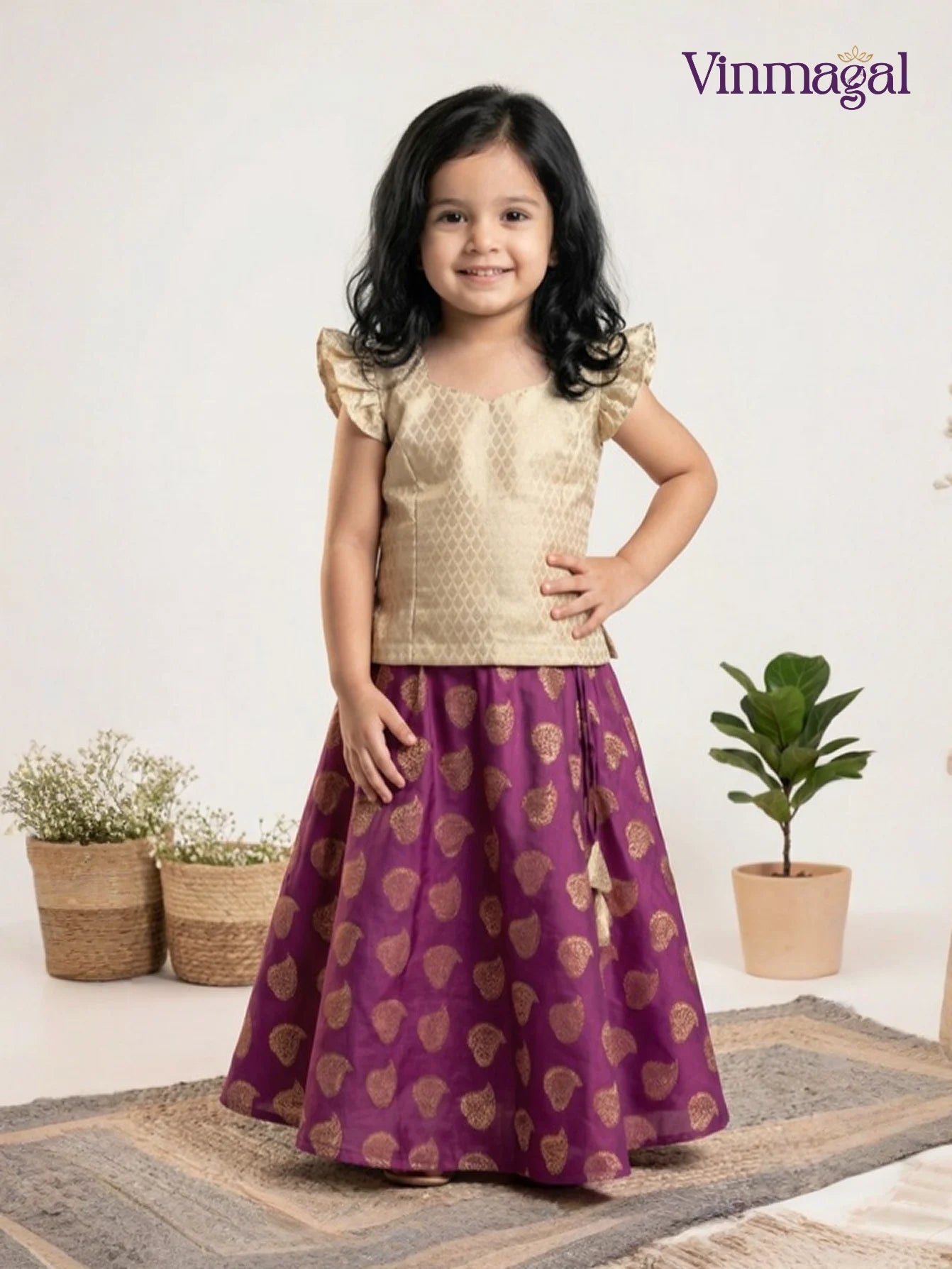magenta cream fancy langa for kids traditional ethnic skirt set for girls