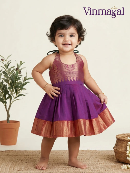 magenta golden silk party frock for kids festive dress for girls