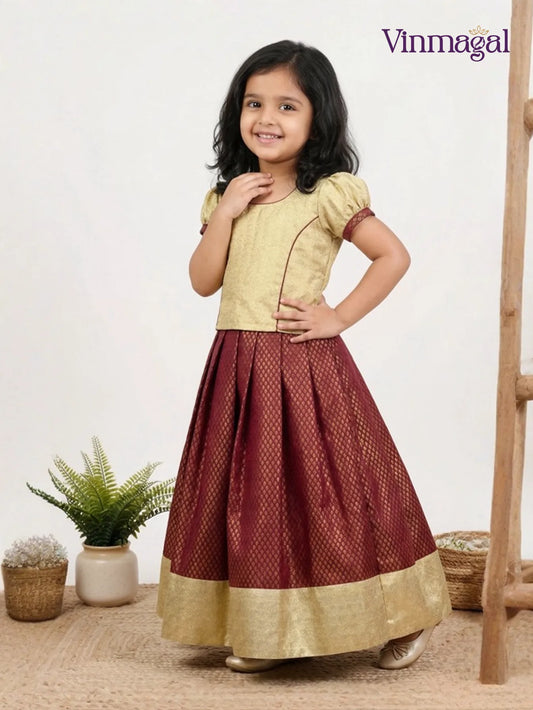 maroon cream brocade pattu pavadai for kids traditional silk festive outfit for girls