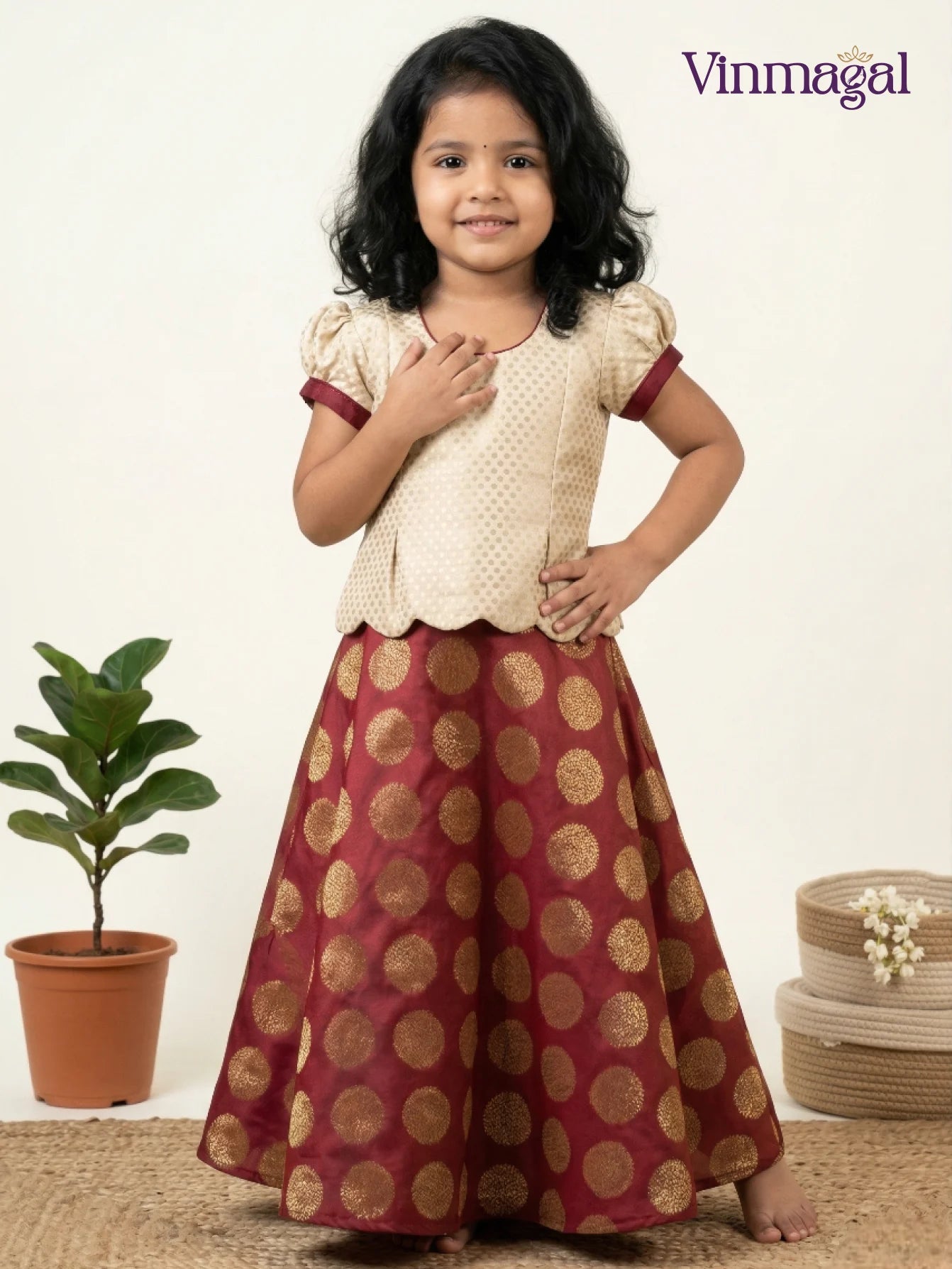 maroon cream brocade skirt and top for kids traditional ethnic outfit for girls
