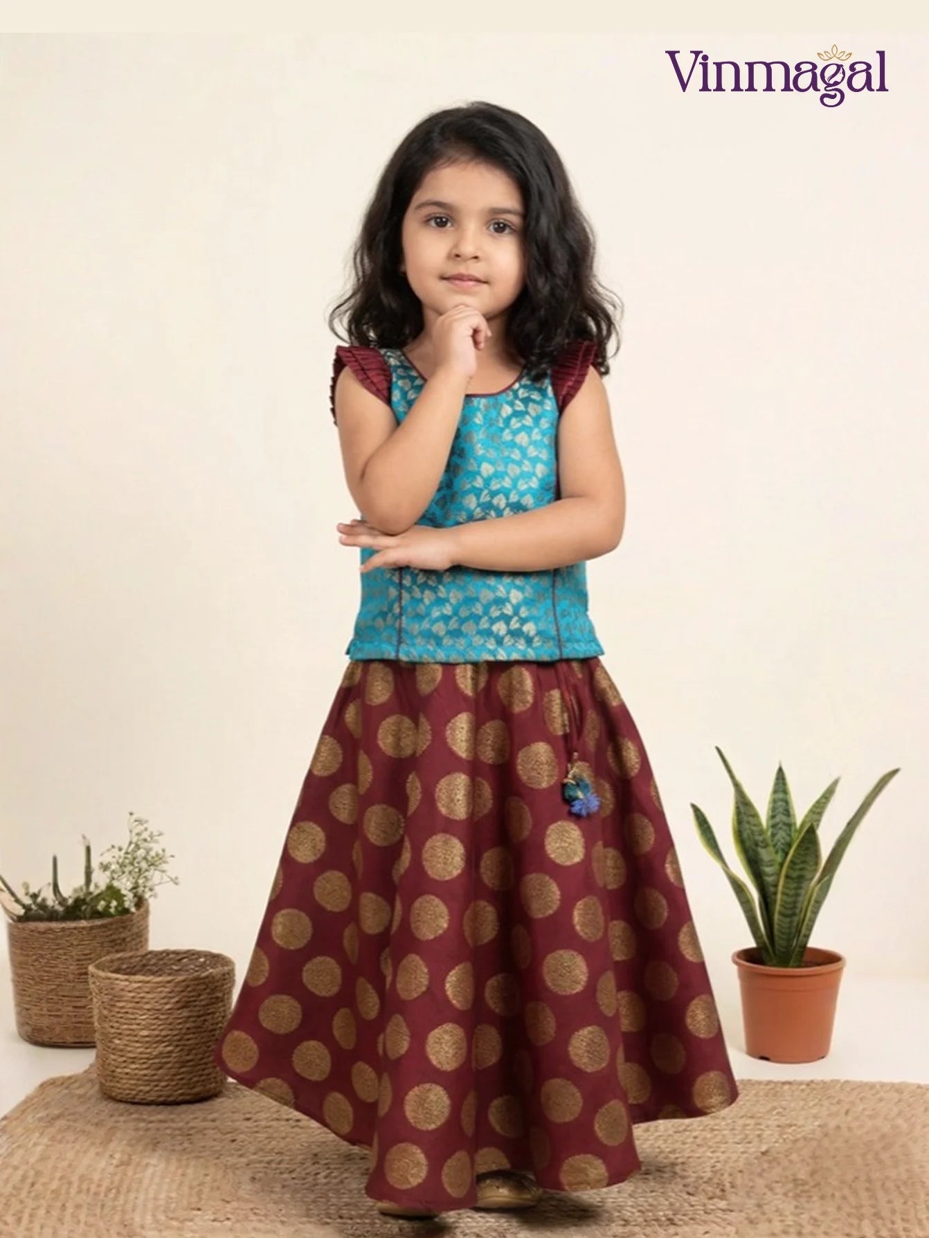 maroon sky blue kids langa umbrella skirt brocade butta sleeveless top