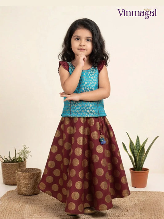 maroon sky blue kids langa umbrella skirt brocade butta sleeveless top