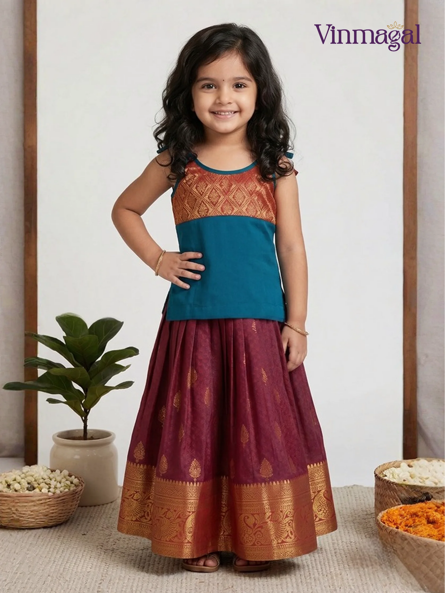 Maroon and blue soft silk pavadai skirt and blouse set for girls – traditional South Indian ethnic wear for kids