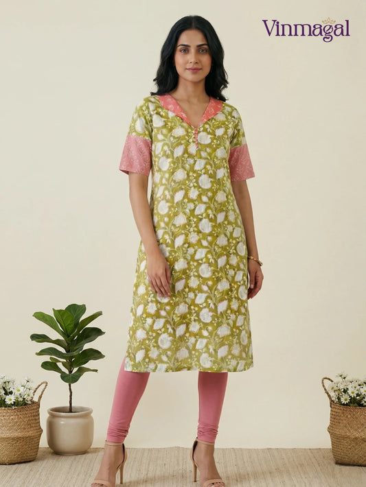 mild green cotton kurti for women comfortable daily wear with lining