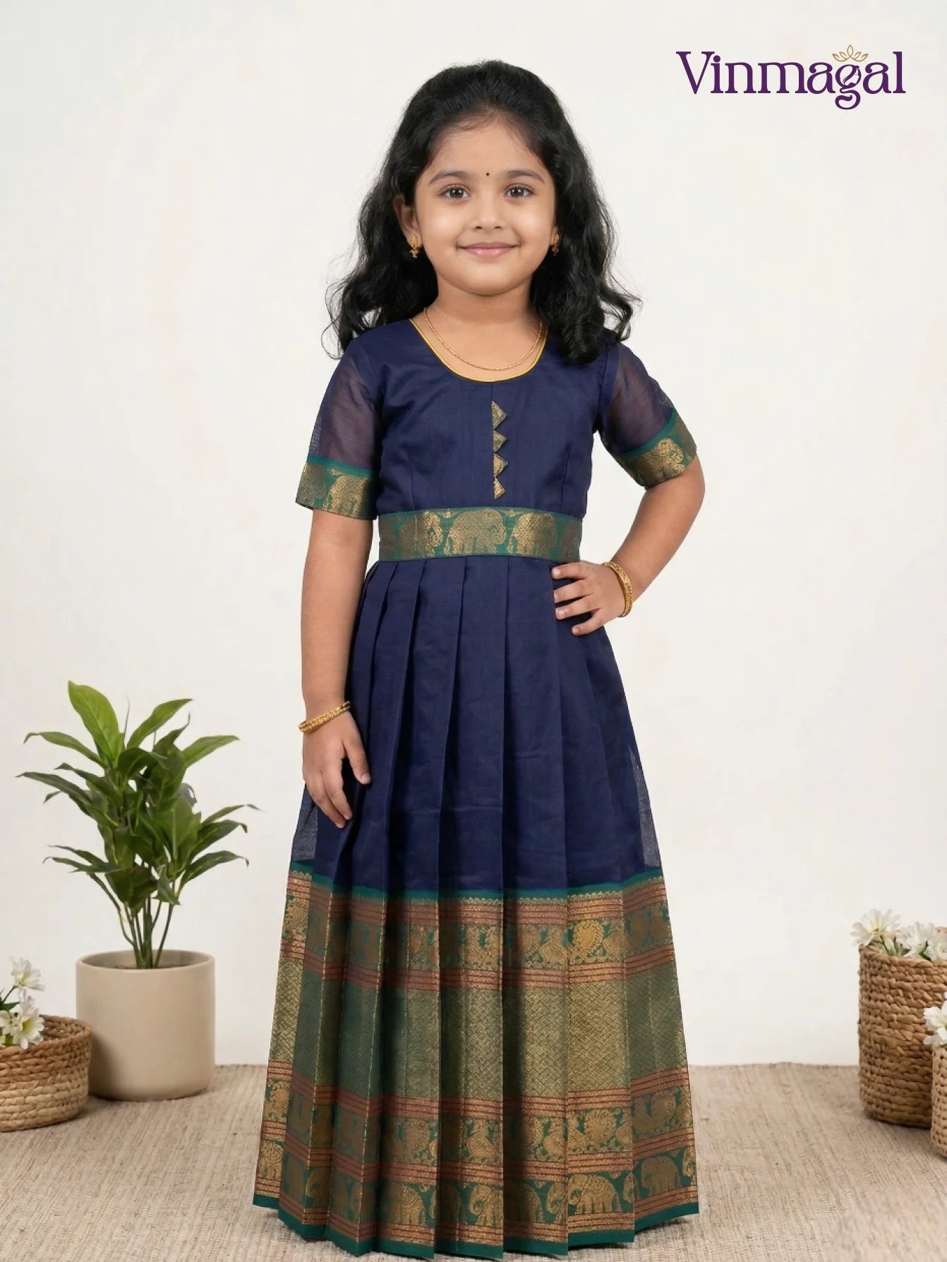 navy blue chettinad cotton long gown for kids traditional ethnic wear dress